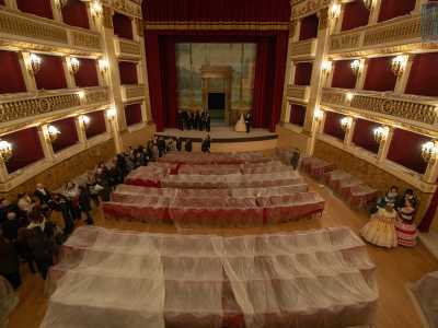 La platea, divisa in due corridoi laterali, ospitava originariamente sedie in ferro dipinto di color bronzo con ornamenti di ottone e cuscini di pelle rossa. Oggi vi sono invece 290 poltroncine rosse imbottite che poggiano su una pavimentazione in moderno parquet di massello rovere